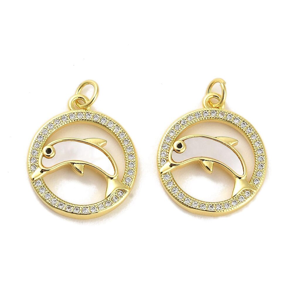9894 5 pcs Flat Rund with Dolphin Theme Brass Shell Cubic Zirconia Charms